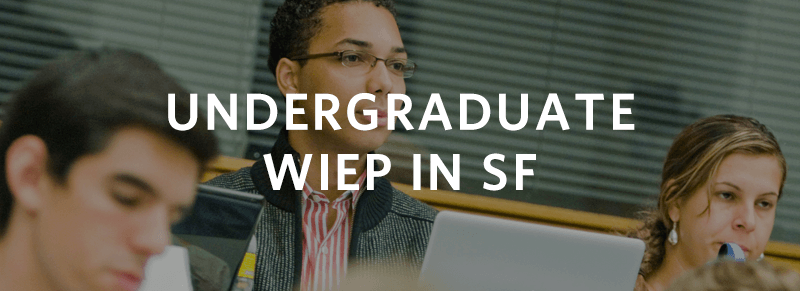 A group of students in a lecture hall setting with a focus on one student using a laptop. The text "UNDERGRADUATE WIEP IN SF" is overlaid on the image.